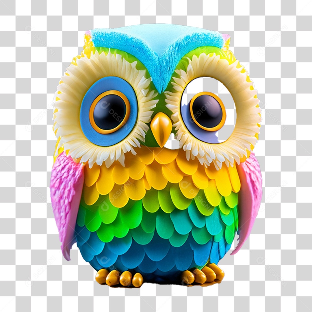 Elemento 3D Coruja Colorida para Composição PNG Transparente
