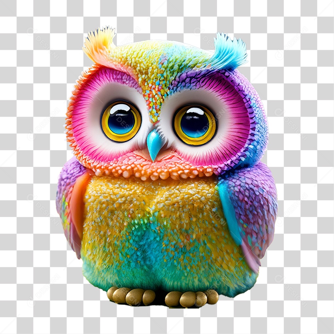 Elemento 3D Coruja Colorida para Composição PNG Transparente