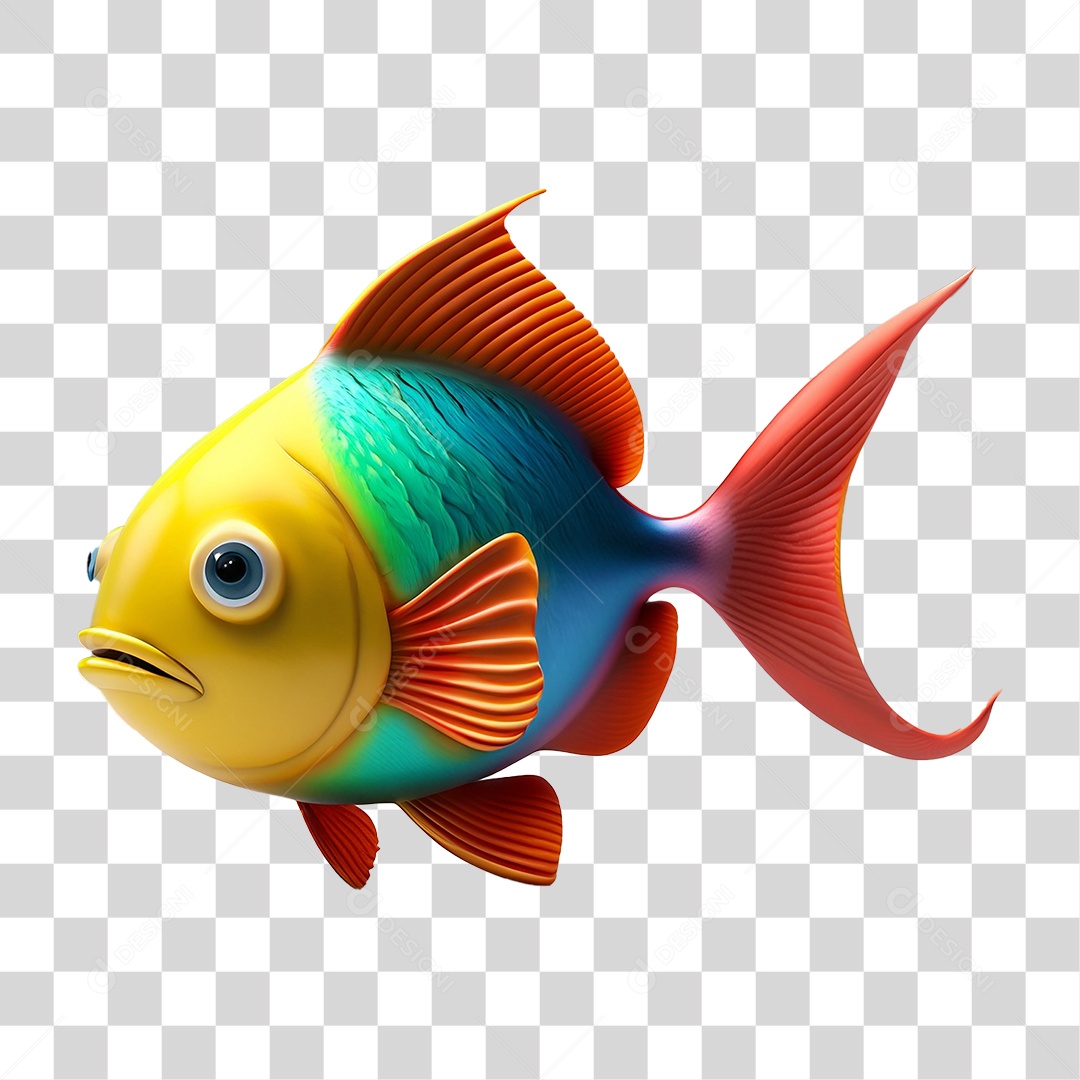 Elemento 3D Peixe Colorido Vibrante para Composição PNG Transparente