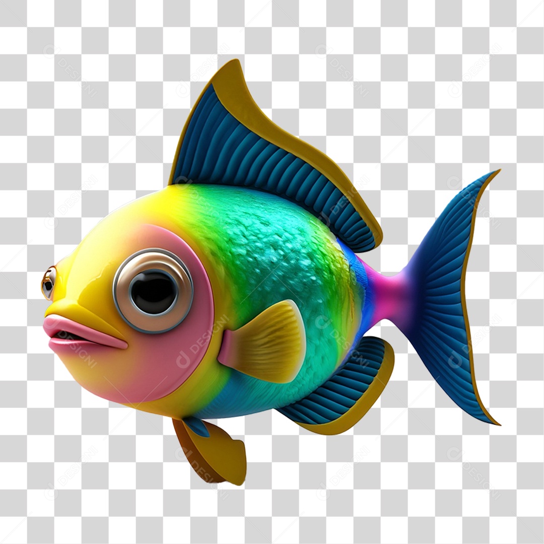 Elemento 3D Peixe Colorido Vibrante para Composição PNG Transparente