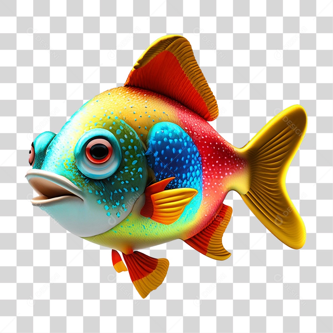 Elemento 3D Peixe Colorido Vibrante para Composição PNG Transparente