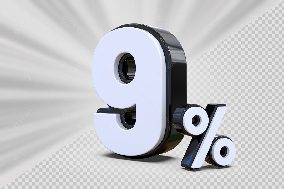 Número 3D 9% Preto e Branco Para Composição PSD