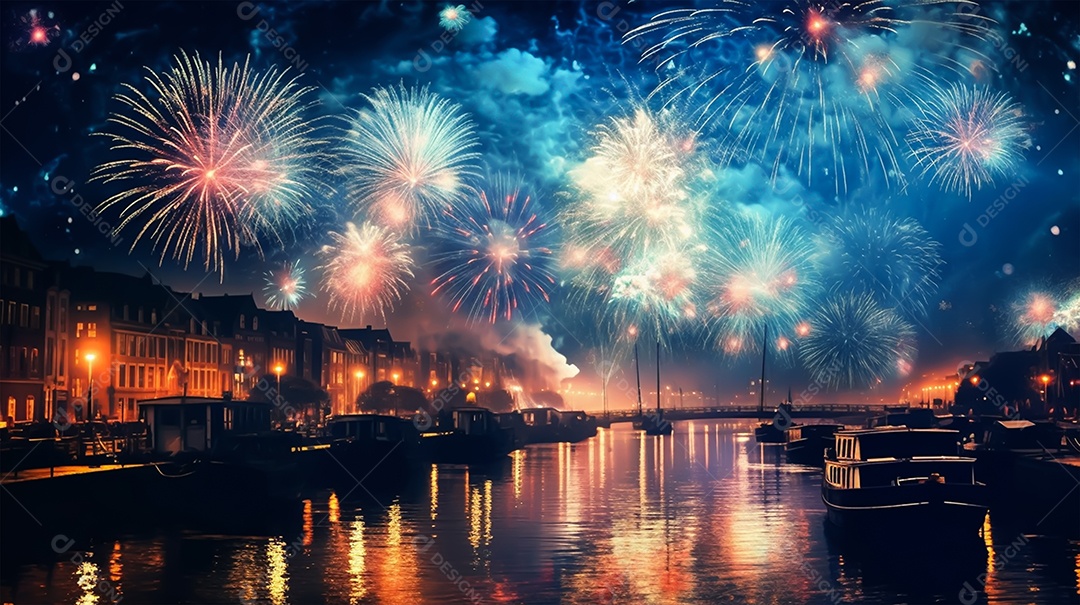 Cenário colorido de fogos de artificio