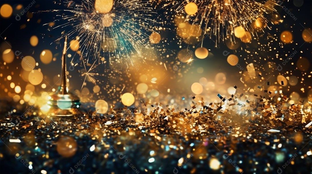 Fundo de celebração com fogos de artifício e confete dourado