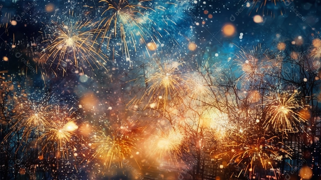 Fundo de celebração com fogos de artifício e confete dourado