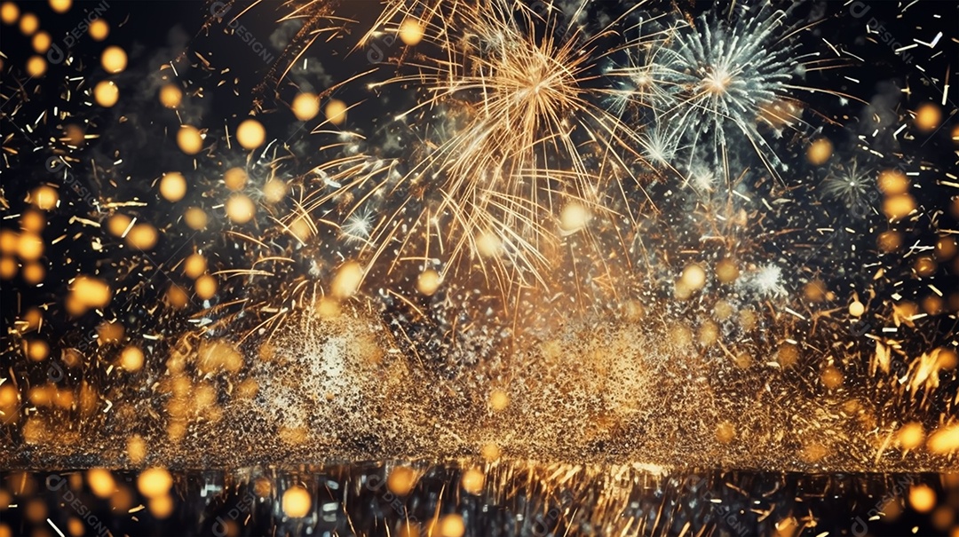 Fundo de celebração com fogos de artifício e confete dourado