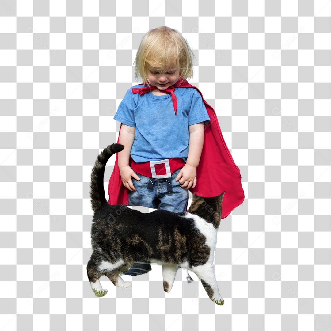 Criança Fantasiado de Super-Herói Com Seu Gato PNG Transparente