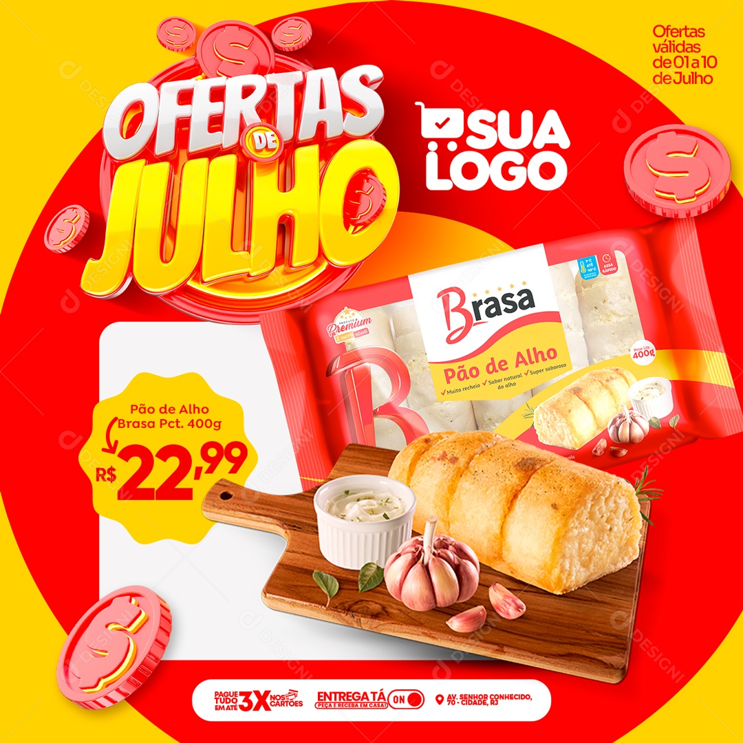 Social Media Vermelho Feed Julho De Ofertas Pão De Alho PSD Editável