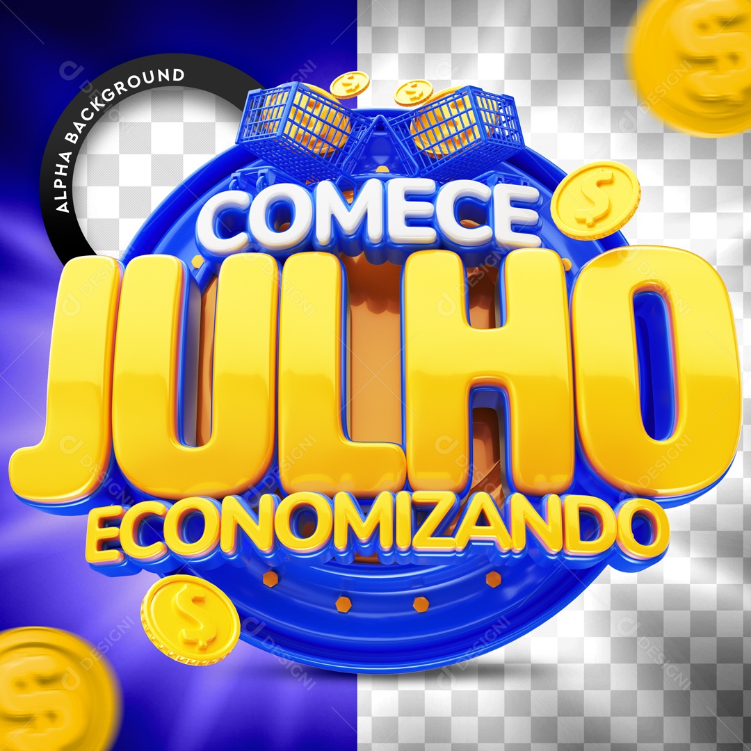 Selo 3D Feed Azul Comece Julho Economizando Para Composição PSD