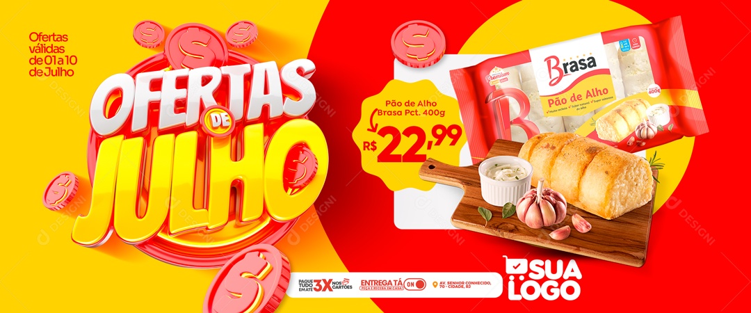 Social Media Banner Julho De Ofertas Pão De Alho PSD Editável