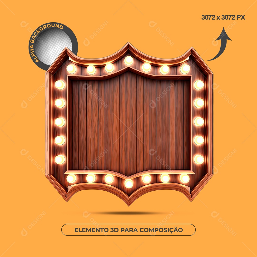 Elemento 3D Moldura De Madeira Com Lâmpadas Para Composição PSD