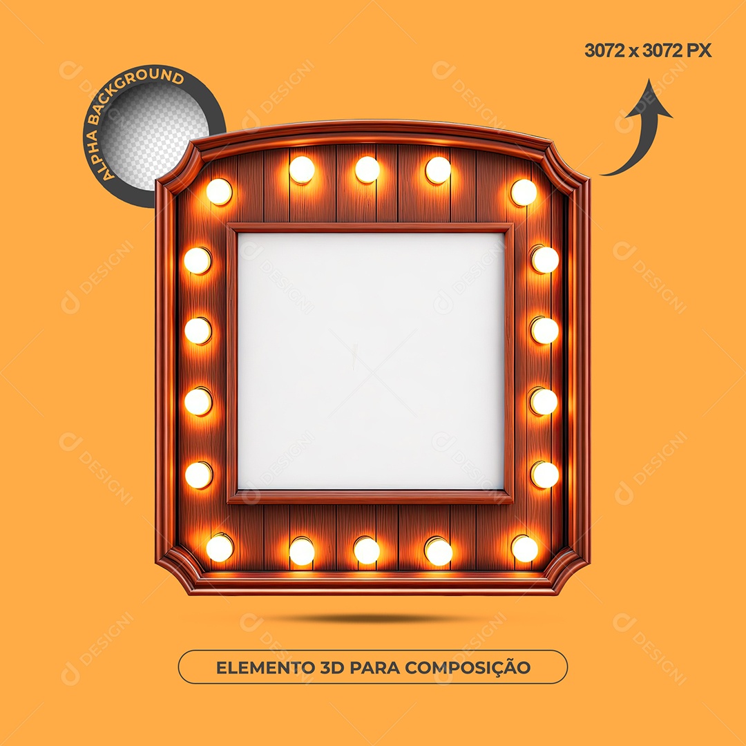 Elemento 3D Moldura De Madeira Com Lâmpadas Para Composição PSD