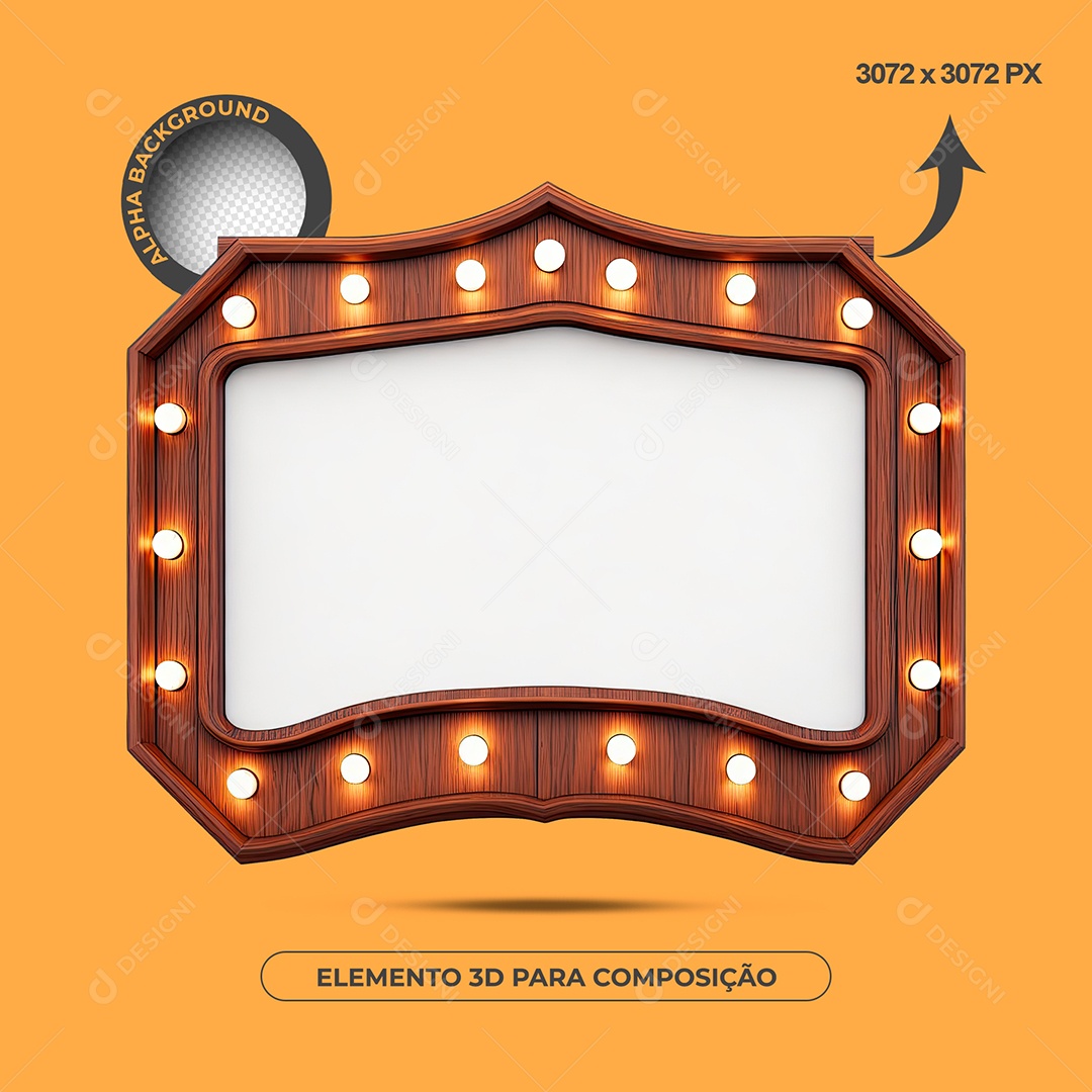 Elemento 3D Moldura De Madeira Com Lâmpadas Para Composição PSD