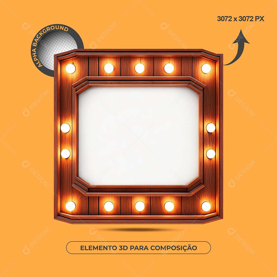 Elemento 3D Moldura De Madeira Com Lâmpadas Para Composição PSD