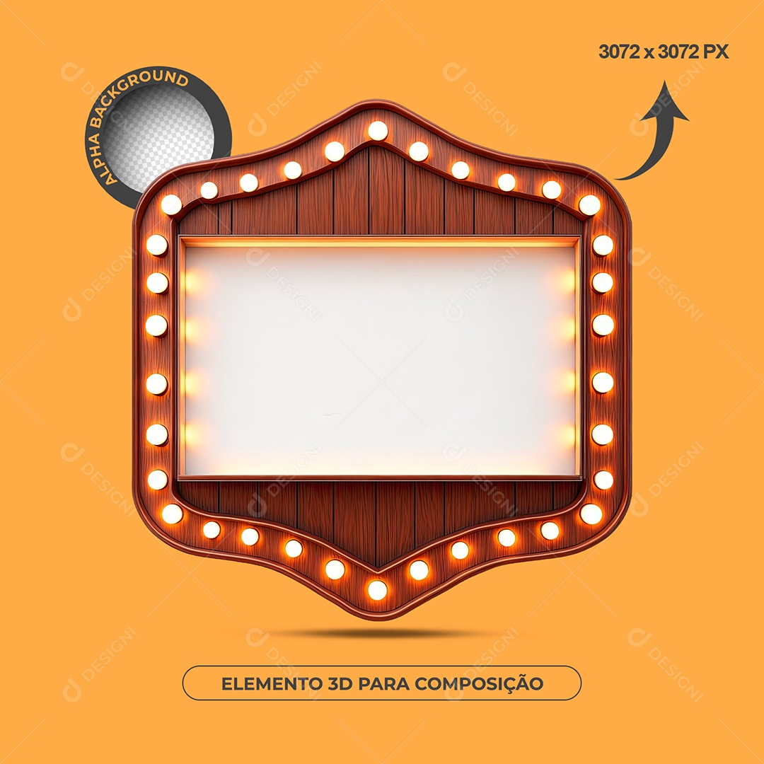 Elemento 3D Moldura De Madeira Com Lâmpadas Para Composição PSD