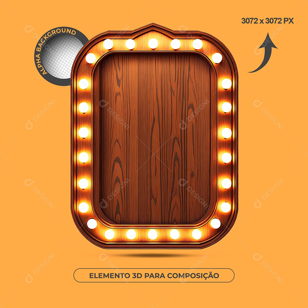 3D Wooden Frame Element With Lights For PSD Composition
