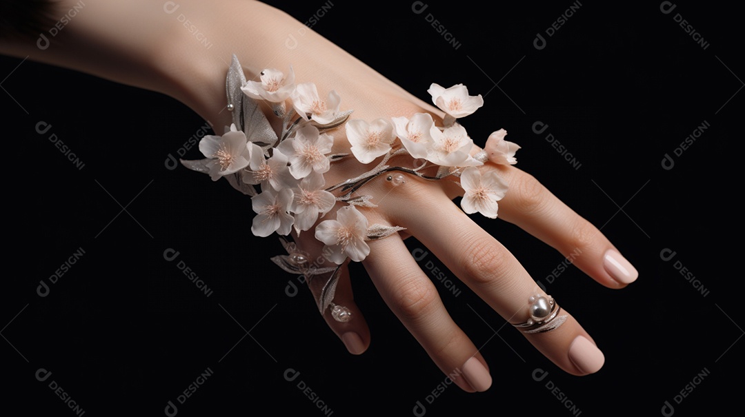 Detalhes de flores na mão de mulher em fundo preto