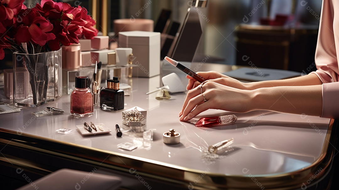 Mulher com esmaltes e maquiagens sobre a mesa