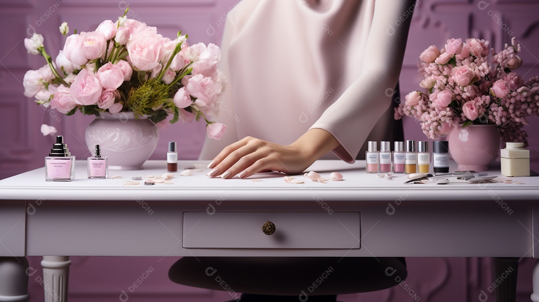 Mulher sentada na mesa da manicure