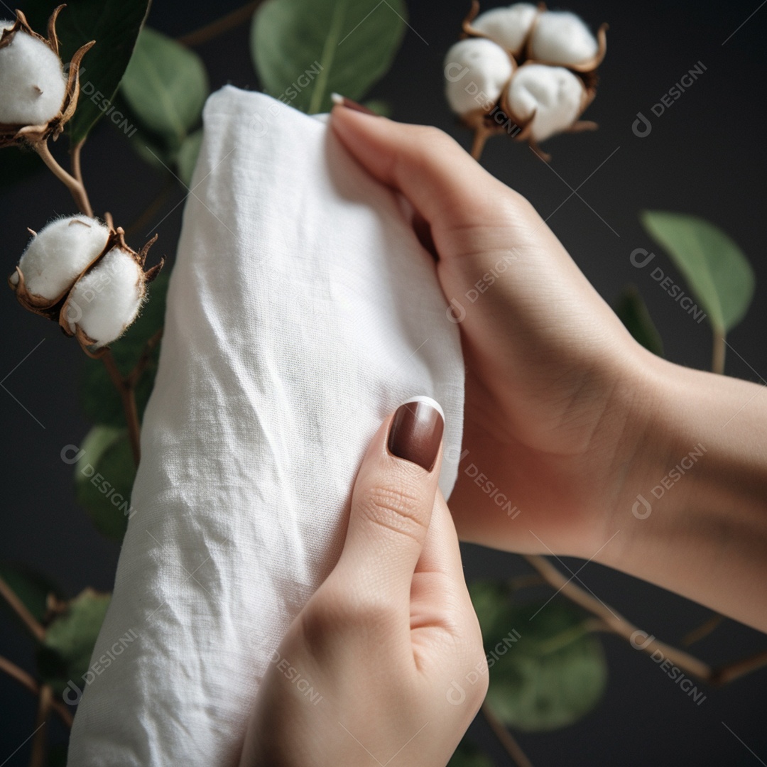 Mulher segurando lenço e fundo de bolas de algodão