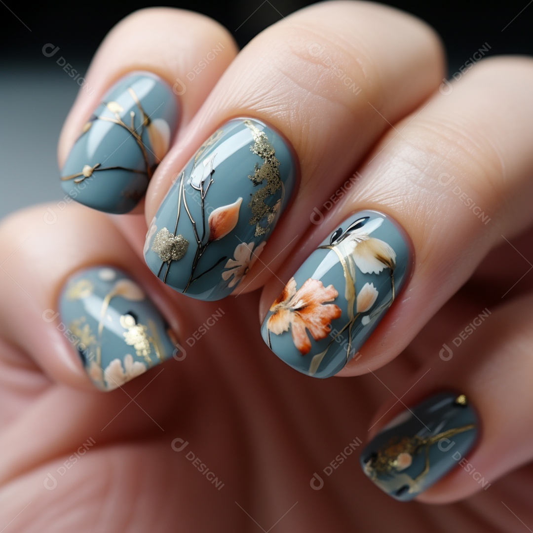 Detalhes da unha pintada e decorada da mulher