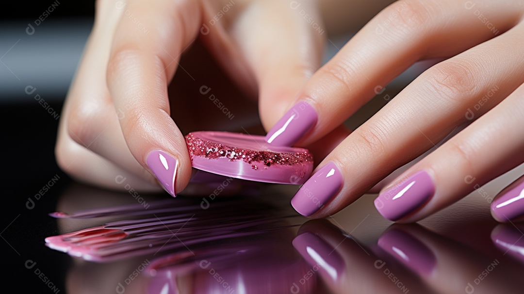 Mulher com unhas pintadas segurando frasco de brilho