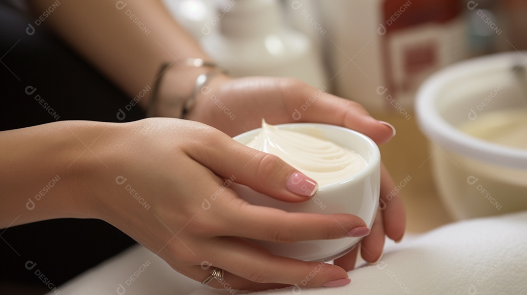 Mulher segurando pote com loção hidratante para as mãos