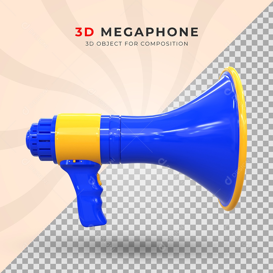 Megafone Azul e Amarelo Vista Lateral Elemento 3D Para Composição PSD