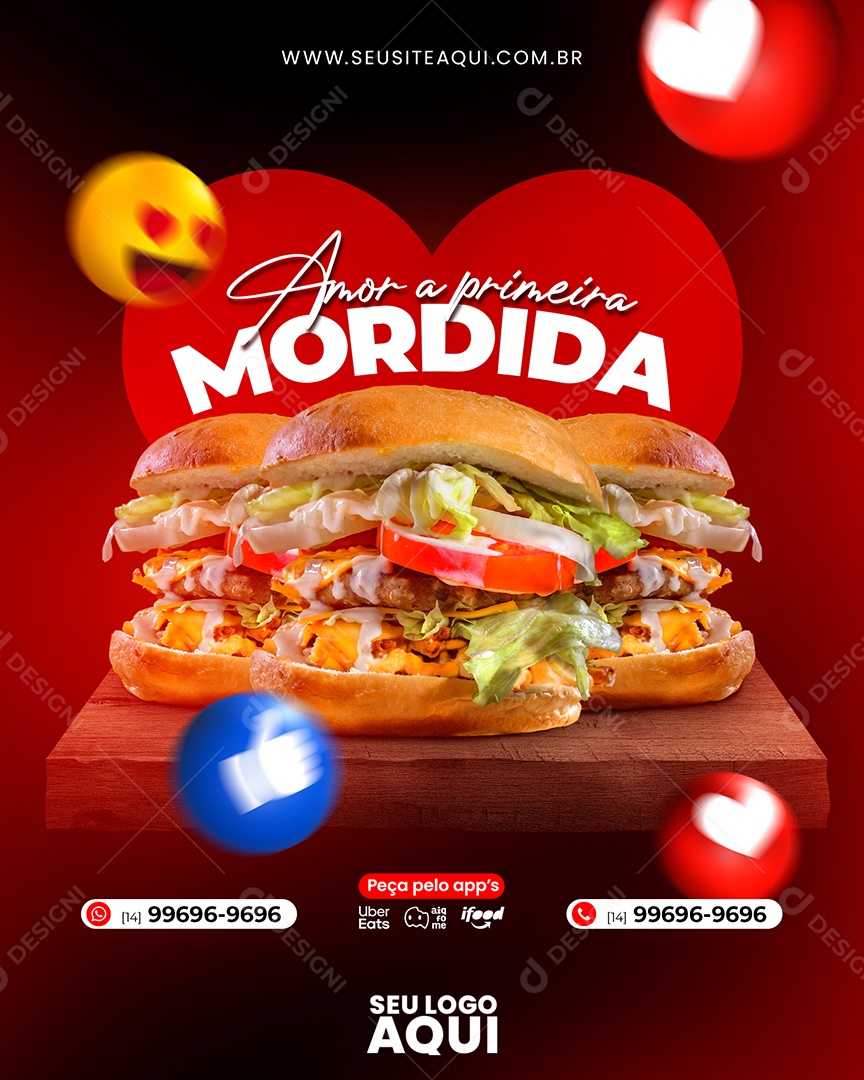 Social Media Amor A Primeira Mordida Hamburguer PSD Editável