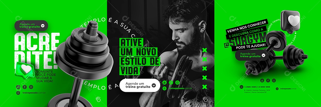 Acredite Somente Você Pode Mudar A Sua Vida Academia Carrossel Social Media PSD Editável