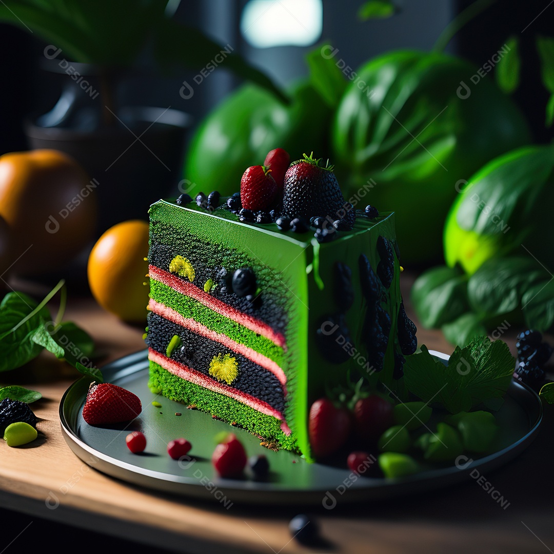 Imagem realista de fatia de bolo sobre um prato