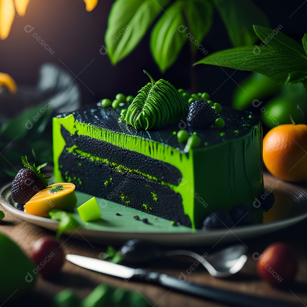 Imagem realista de fatia de bolo sobre um prato