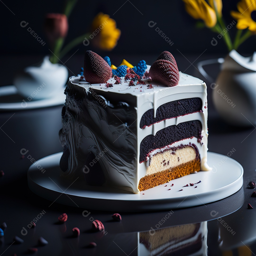 Imagem realista de fatia de bolo sobre um prato