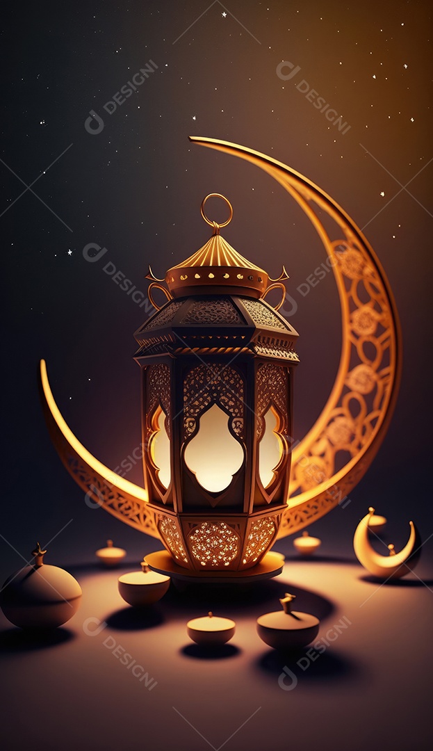 Lanterna realista Eid Saudações, Lua Crescente e Lanternas Iluminadas em um Fundo Sereno.