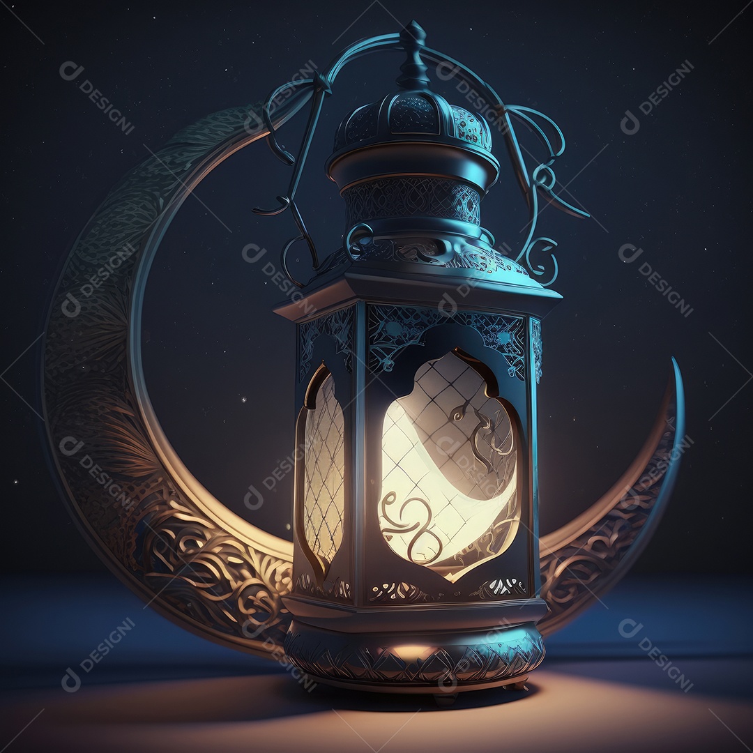Lanterna realista Eid Saudações, Lua Crescente e Lanternas Iluminadas em um Fundo Sereno.