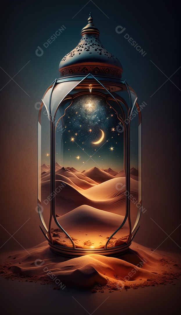 Lanterna realista Eid Saudações, Lua Crescente e Lanternas Iluminadas em um Fundo Sereno.