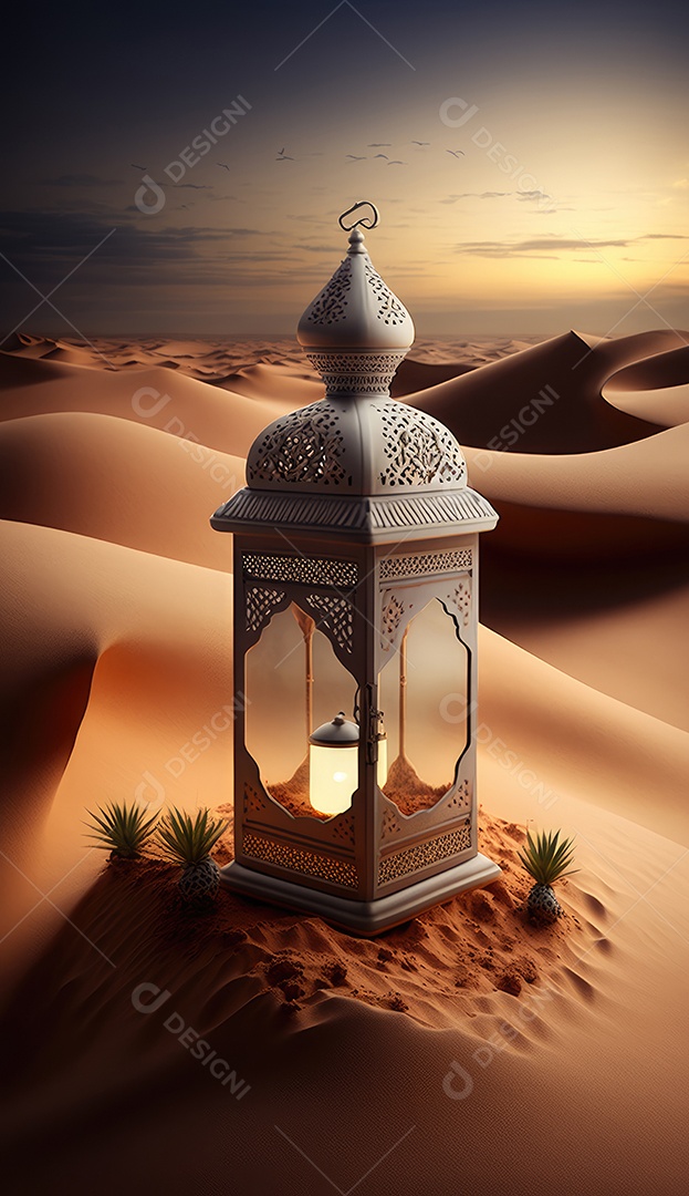 Lanterna realista Eid Saudações, Lua Crescente e Lanternas Iluminadas em um Fundo Sereno.