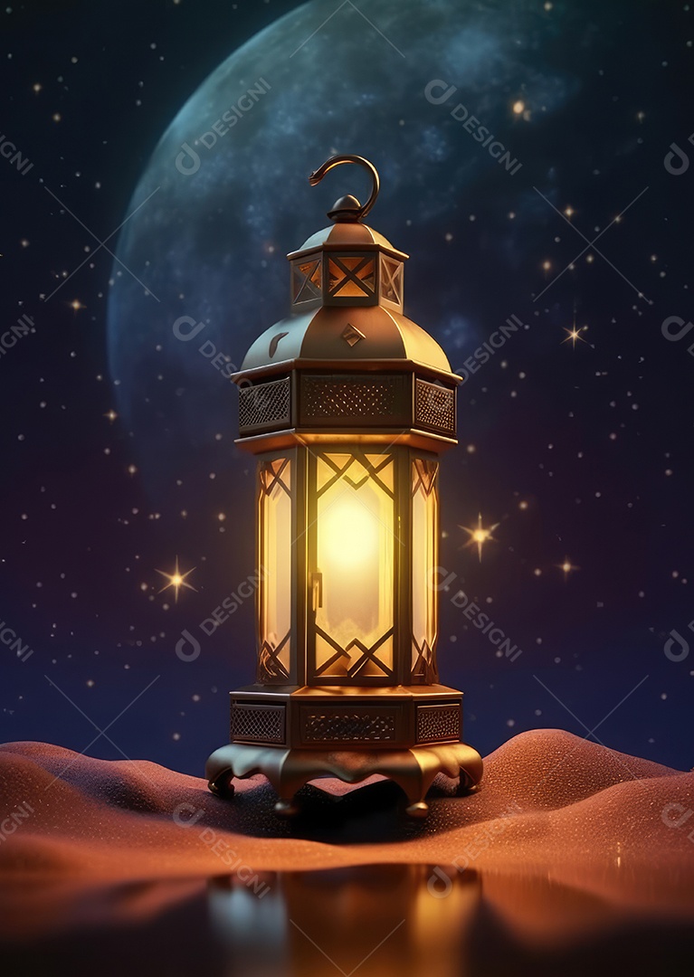 Lanterna realista Eid Saudações, Lua Crescente e Lanternas Iluminadas em um Fundo Sereno.