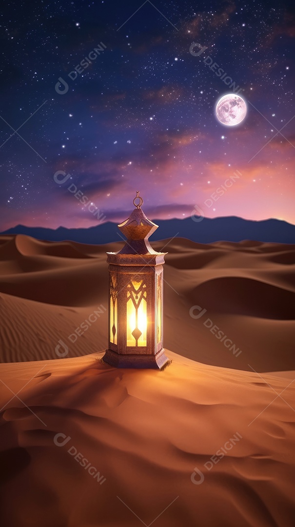 Lanterna realista Eid Saudações, Lua Crescente e Lanternas Iluminadas em um Fundo Sereno.