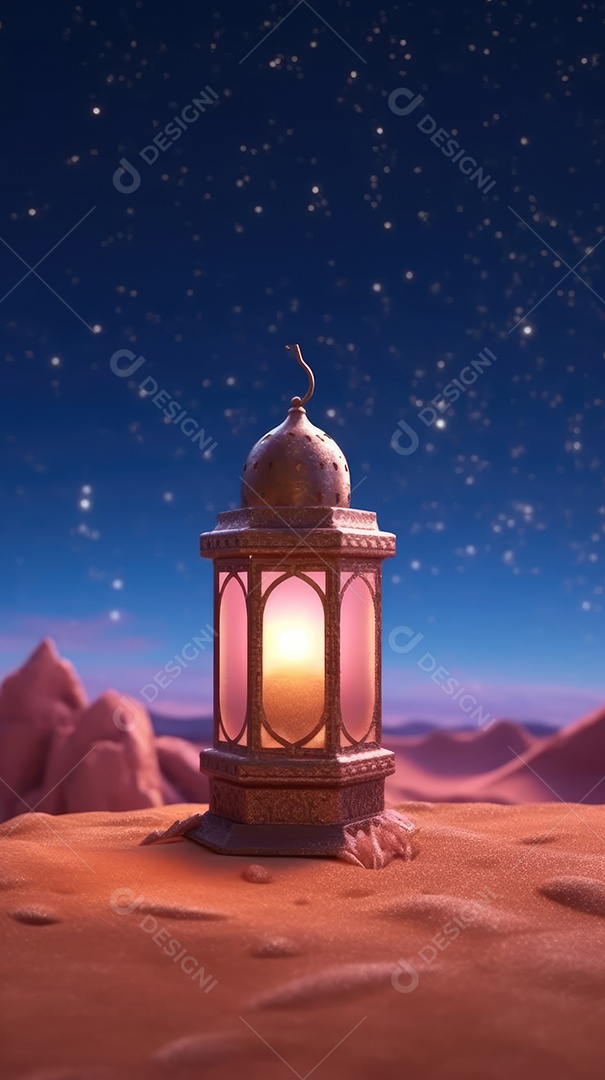 Lanterna realista Eid Saudações, Lua Crescente e Lanternas Iluminadas em um Fundo Sereno.