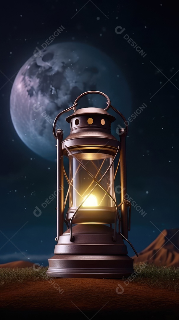 Lanterna realista Eid Saudações, Lua Crescente e Lanternas Iluminadas em um Fundo Sereno.
