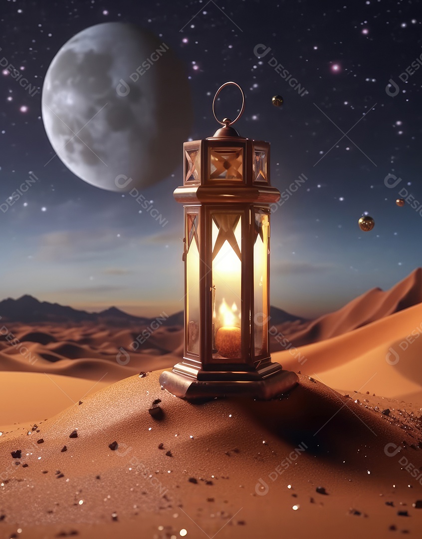 Lanterna realista Eid Saudações, Lua Crescente e Lanternas Iluminadas em um Fundo Sereno.