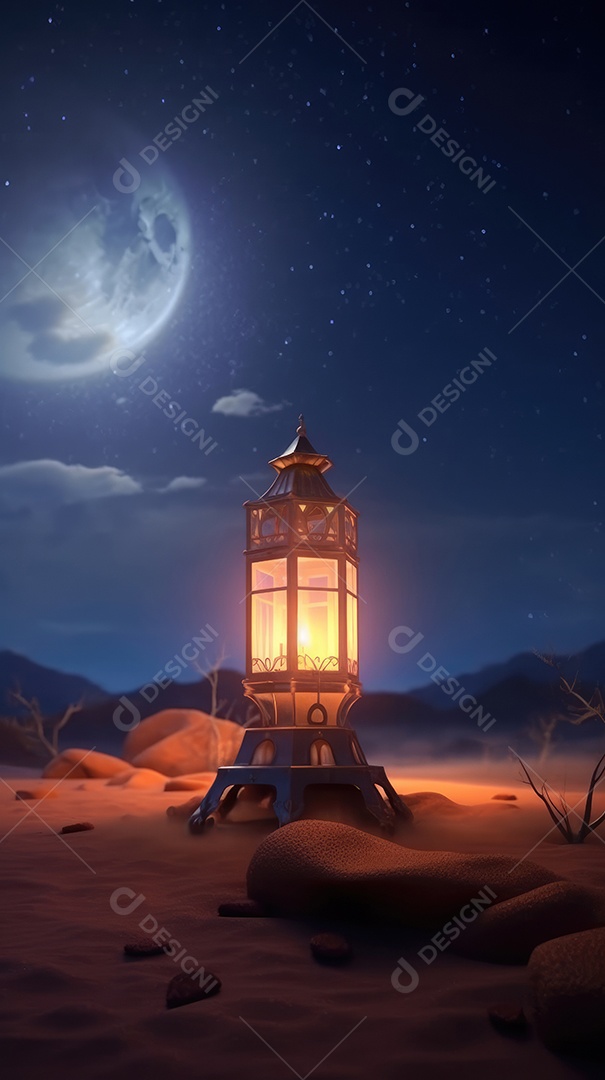 Lanterna realista Eid Saudações, Lua Crescente e Lanternas Iluminadas em um Fundo Sereno.