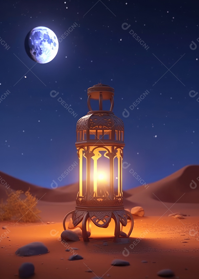 Lanterna realista Eid Saudações, Lua Crescente e Lanternas Iluminadas em um Fundo Sereno.