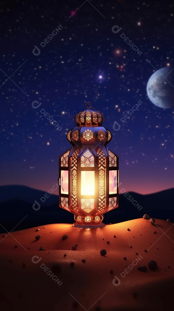 Lanterna realista Eid Saudações, Lua Crescente e Lanternas Iluminadas em um Fundo Sereno.