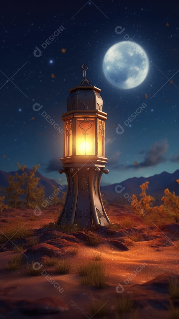 Lanterna realista Eid Saudações, Lua Crescente e Lanternas Iluminadas em um Fundo Sereno.