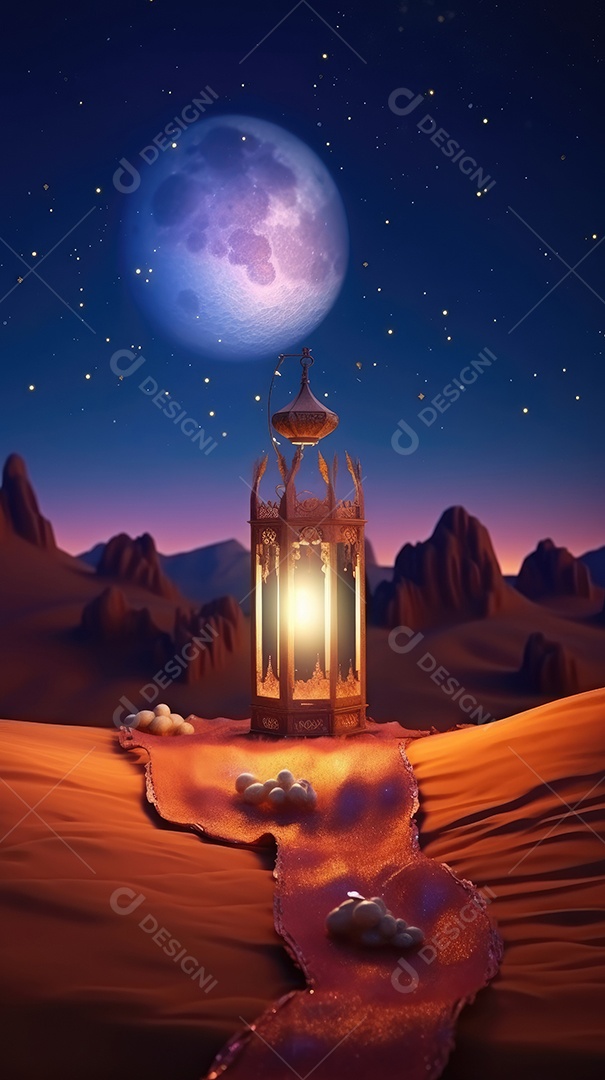 Lanterna realista Eid Saudações, Lua Crescente e Lanternas Iluminadas em um Fundo Sereno.