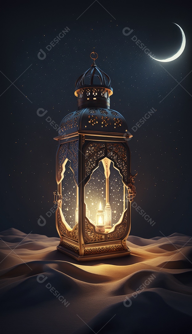 Lanterna realista Eid Saudações, Lua Crescente e Lanternas Iluminadas em um Fundo Sereno.