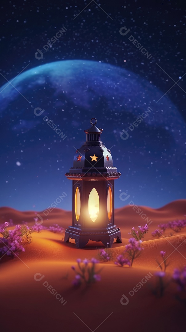 Lanterna realista Eid Saudações, Lua Crescente e Lanternas Iluminadas em um Fundo Sereno.