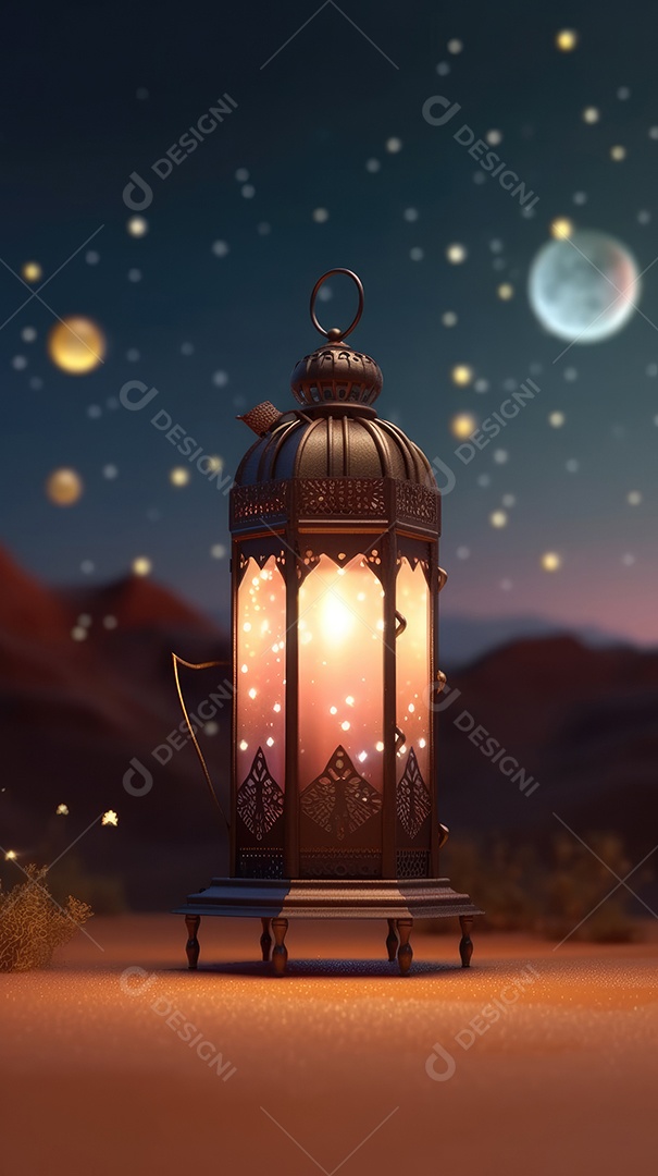 Lanterna realista Eid Saudações, Lua Crescente e Lanternas Iluminadas em um Fundo Sereno.